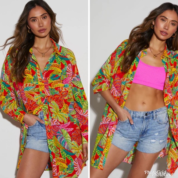 Vici Dresses & Skirts - Vici Coveted Button Down Shirt Dress colorful tropical Hawaiian summer cover-up